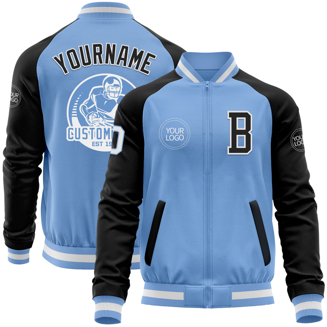 Custom Light Blue White-Black Bomber Varsity Letterman Two Tone Zipper Jacket