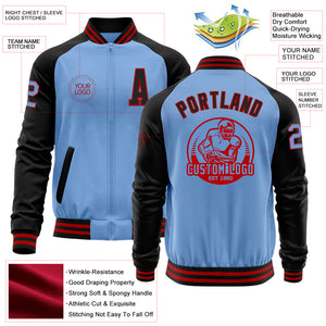 Custom Light Blue Red-Black Bomber Varsity Letterman Two Tone Zipper Jacket