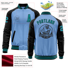 Load image into Gallery viewer, Custom Light Blue Teal-Black Bomber Varsity Letterman Two Tone Zipper Jacket
