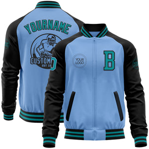 Custom Light Blue Teal-Black Bomber Varsity Letterman Two Tone Zipper Jacket