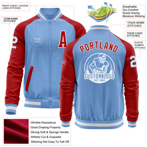 Custom Light Blue White-Red Bomber Varsity Letterman Two Tone Zipper Jacket