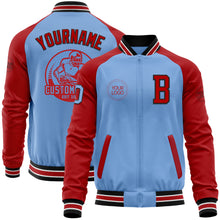 Load image into Gallery viewer, Custom Light Blue Black-Red Bomber Varsity Letterman Two Tone Zipper Jacket
