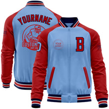 Load image into Gallery viewer, Custom Light Blue Navy-Red Bomber Varsity Letterman Two Tone Zipper Jacket
