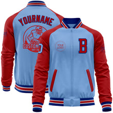 Load image into Gallery viewer, Custom Light Blue Royal-Red Bomber Varsity Letterman Two Tone Zipper Jacket
