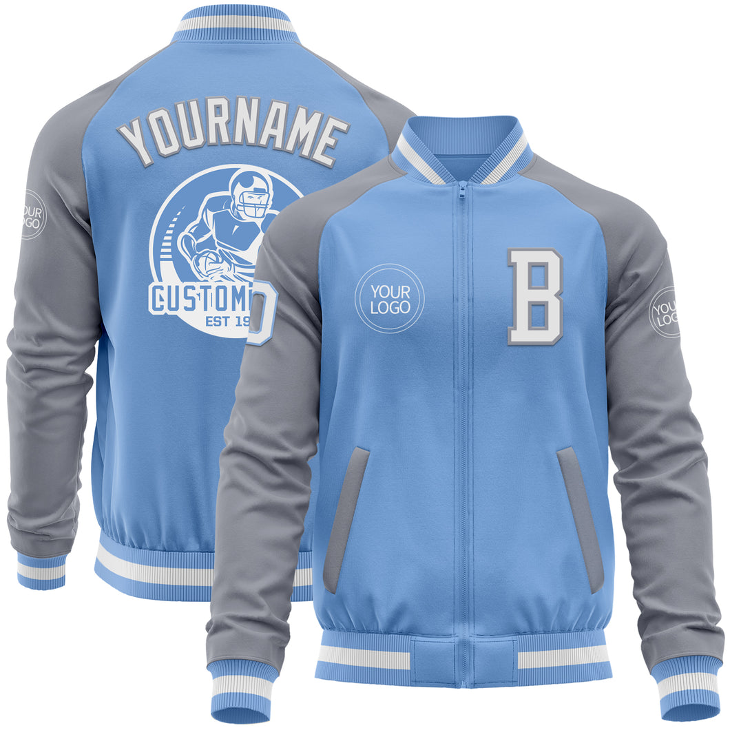 Custom Light Blue White-Gray Bomber Varsity Letterman Two Tone Zipper Jacket