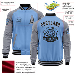 Custom Light Blue Black-Gray Bomber Varsity Letterman Two Tone Zipper Jacket