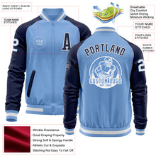 Load image into Gallery viewer, Custom Light Blue White-Navy Bomber Varsity Letterman Two Tone Zipper Jacket
