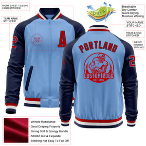 Custom Light Blue Red-Navy Bomber Varsity Letterman Two Tone Zipper Jacket