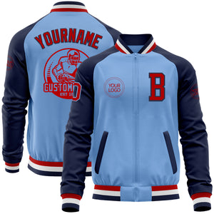 Custom Light Blue Red-Navy Bomber Varsity Letterman Two Tone Zipper Jacket