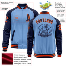 Load image into Gallery viewer, Custom Light Blue Orange-Navy Bomber Varsity Letterman Two Tone Zipper Jacket
