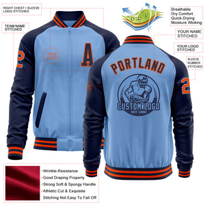 Custom Light Blue Orange-Navy Bomber Varsity Letterman Two Tone Zipper Jacket