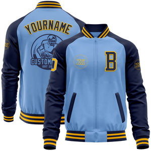 Custom Light Blue Gold-Navy Bomber Varsity Letterman Two Tone Zipper Jacket