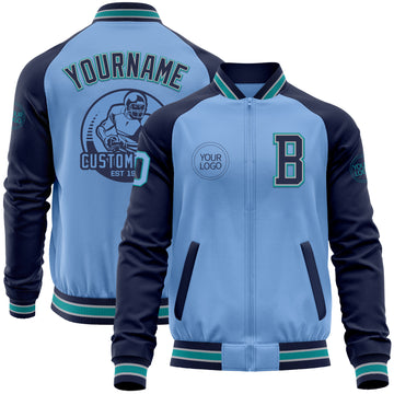 Custom Light Blue Teal Navy-Gray Bomber Varsity Letterman Two Tone Zipper Jacket