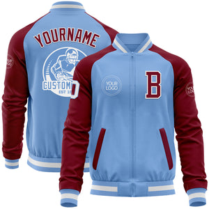 Custom Light Blue White-Crimson Bomber Varsity Letterman Two Tone Zipper Jacket