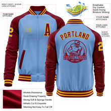 Load image into Gallery viewer, Custom Light Blue Gold-Crimson Bomber Varsity Letterman Two Tone Zipper Jacket
