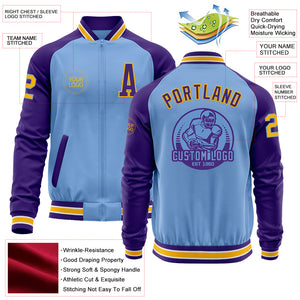 Custom Light Blue Gold-Purple Bomber Varsity Letterman Two Tone Zipper Jacket