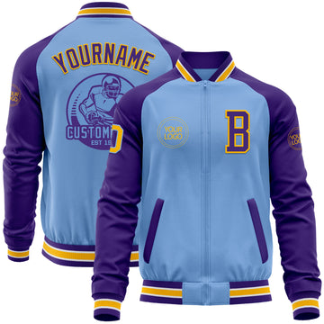 Custom Light Blue Gold-Purple Bomber Varsity Letterman Two Tone Zipper Jacket