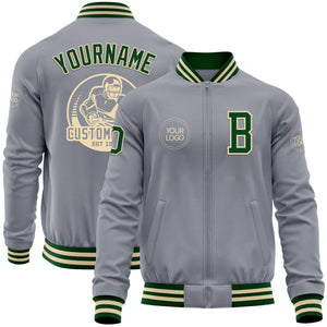 Custom Gray Green-Cream Bomber Varsity Letterman Zipper Jacket