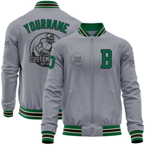 Custom Gray Kelly Green Black-Cream Bomber Varsity Letterman Zipper Jacket