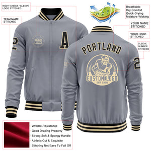 Custom Gray Black-Cream Bomber Varsity Letterman Zipper Jacket