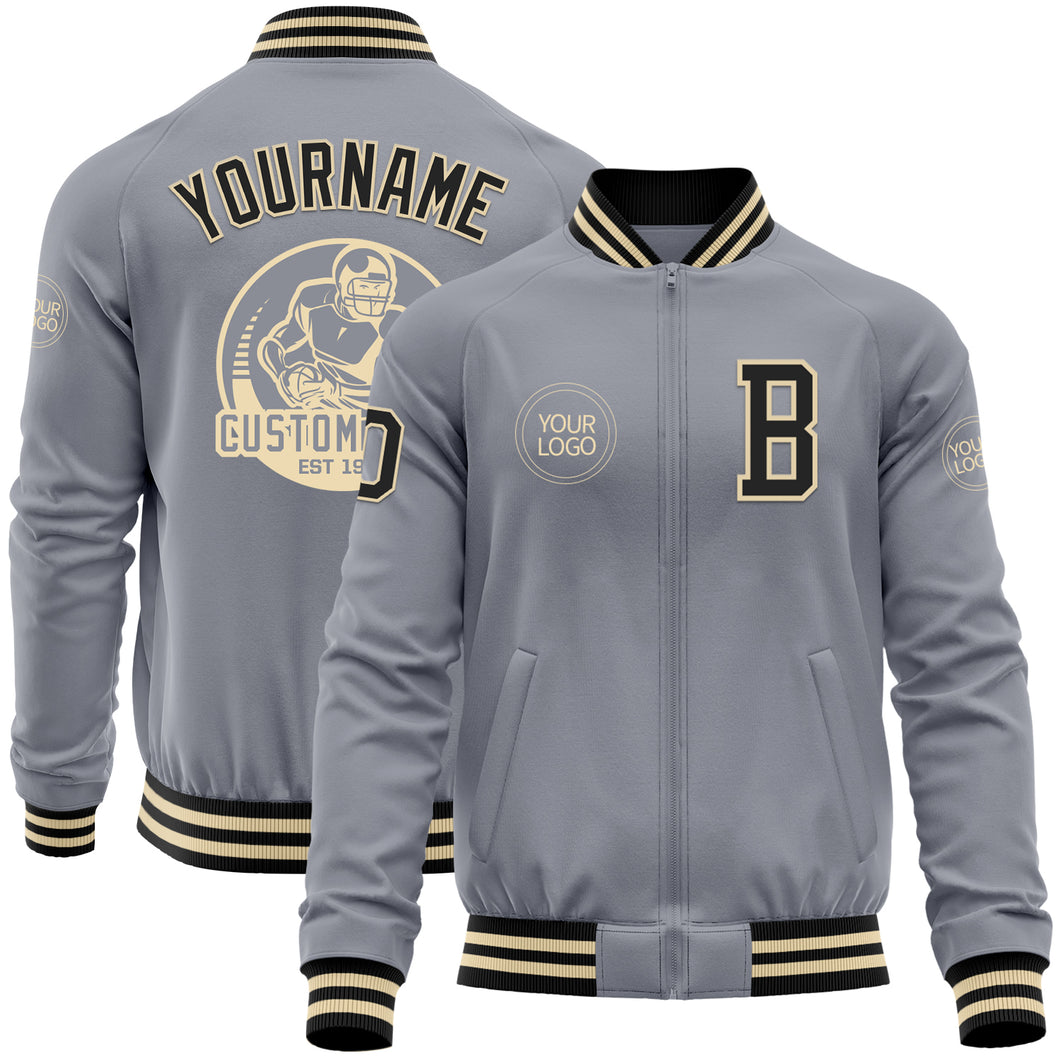 Custom Gray Black-Cream Bomber Varsity Letterman Zipper Jacket