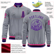 Load image into Gallery viewer, Custom Gray Pink Black-Purple Bomber Varsity Letterman Zipper Jacket
