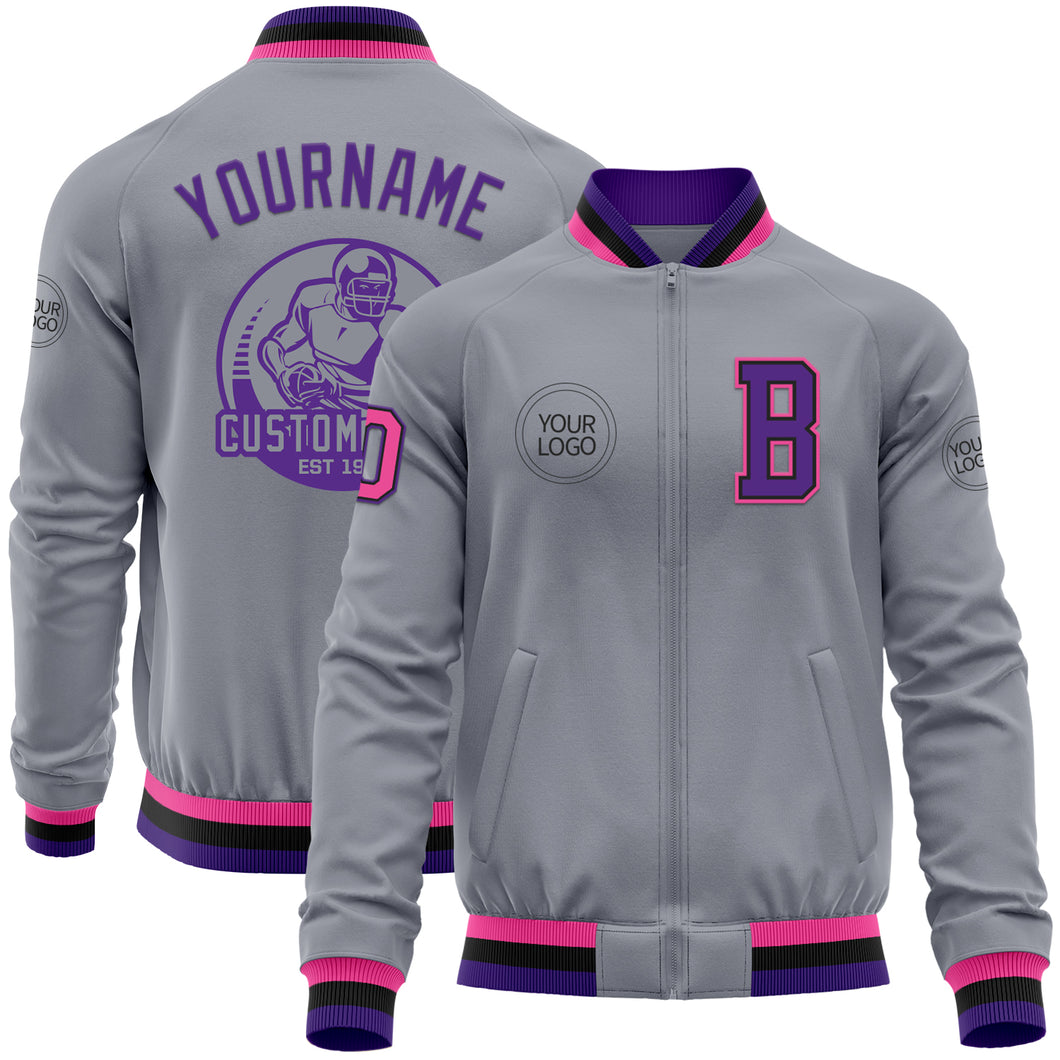 Custom Gray Pink Black-Purple Bomber Varsity Letterman Zipper Jacket