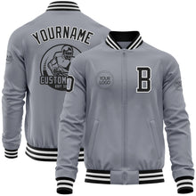 Load image into Gallery viewer, Custom Gray Black-White Bomber Varsity Letterman Zipper Jacket
