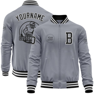 Custom Gray Black-White Bomber Varsity Letterman Zipper Jacket