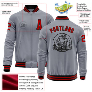 Custom Gray Red-Black Bomber Varsity Letterman Zipper Jacket