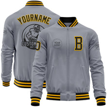 Load image into Gallery viewer, Custom Gray Black-Gold Bomber Varsity Letterman Zipper Jacket
