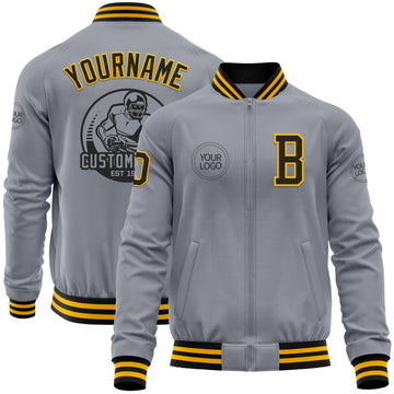 Custom Gray Black-Gold Bomber Varsity Letterman Zipper Jacket