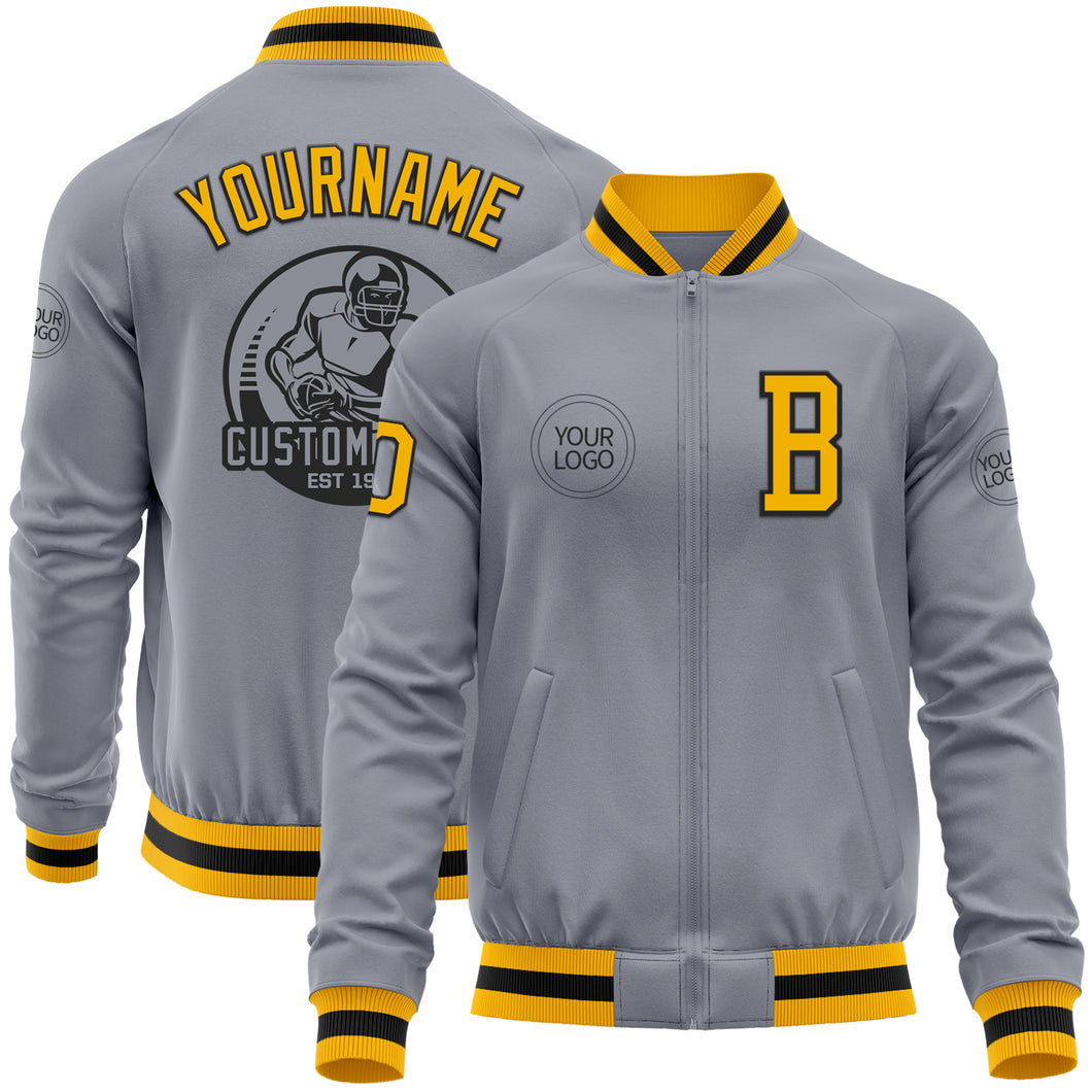 Custom Gray Gold-Black Bomber Varsity Letterman Zipper Jacket