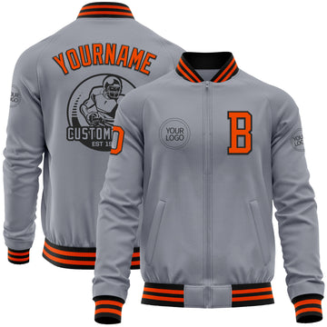 Custom Gray Orange-Black Bomber Varsity Letterman Zipper Jacket