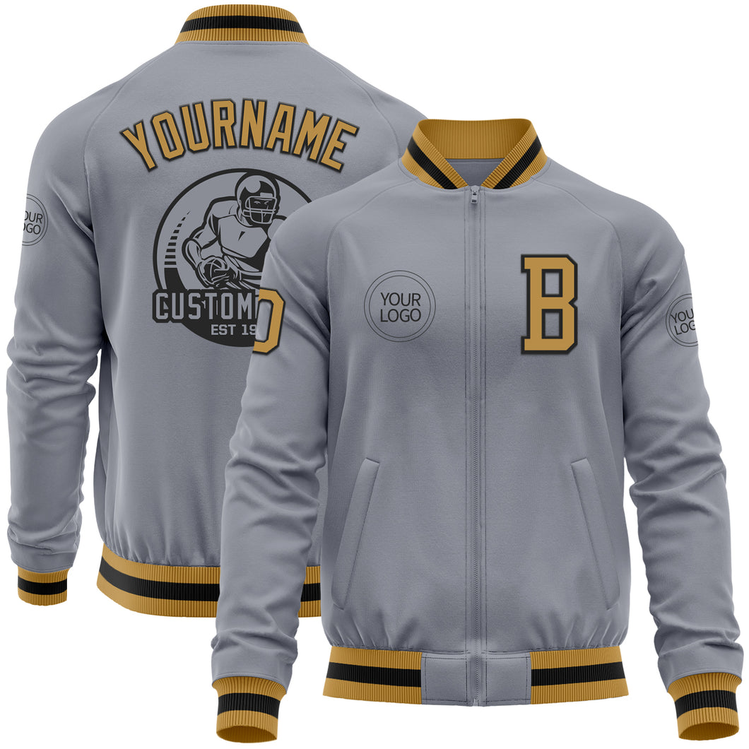 Custom Gray Old Gold-Black Bomber Varsity Letterman Zipper Jacket