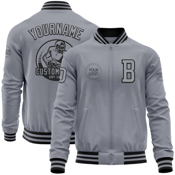 Custom Gray Black Bomber Varsity Letterman Zipper Jacket