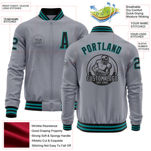 Custom Gray Black-Teal Bomber Varsity Letterman Zipper Jacket