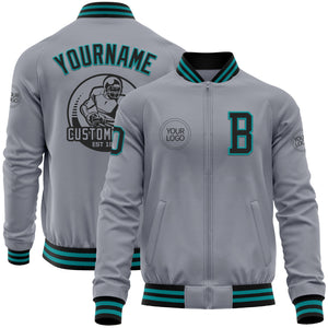 Custom Gray Black-Teal Bomber Varsity Letterman Zipper Jacket