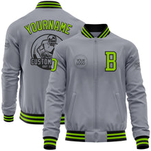 Load image into Gallery viewer, Custom Gray Neon Green-Black Bomber Varsity Letterman Zipper Jacket
