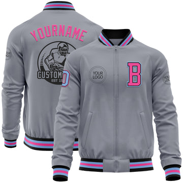 Custom Gray Light Blue Black-Pink Bomber Varsity Letterman Zipper Jacket