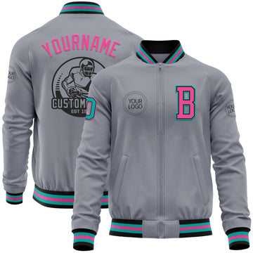 Custom Gray Aqua Black-Pink Bomber Varsity Letterman Zipper Jacket