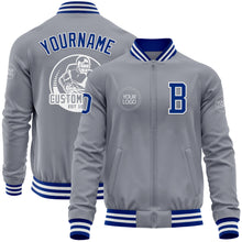 Load image into Gallery viewer, Custom Gray Royal-White Bomber Varsity Letterman Zipper Jacket
