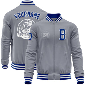 Custom Gray Royal-White Bomber Varsity Letterman Zipper Jacket