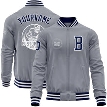 Load image into Gallery viewer, Custom Gray Navy-White Bomber Varsity Letterman Zipper Jacket
