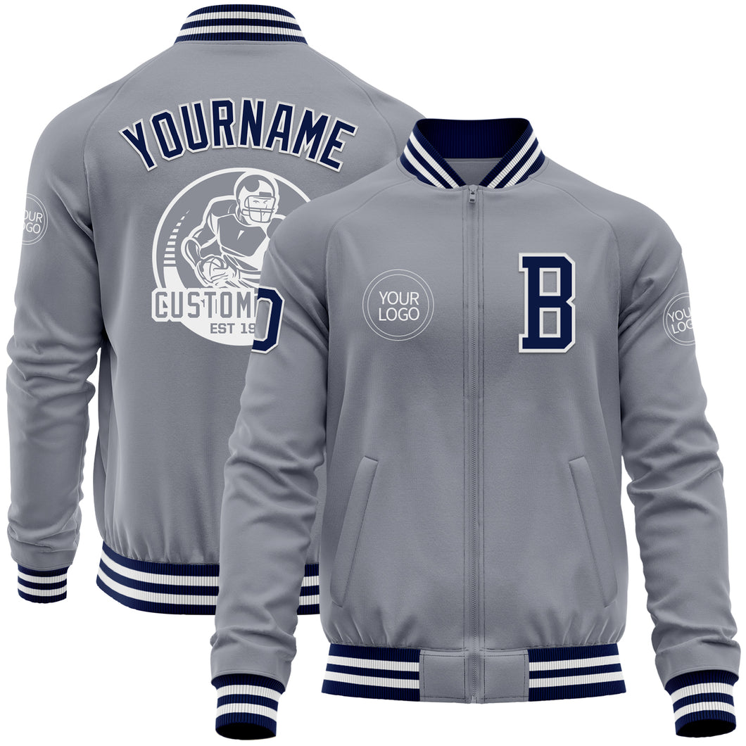 Custom Gray Navy-White Bomber Varsity Letterman Zipper Jacket