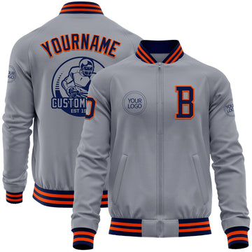 Custom Gray Navy-Orange Bomber Varsity Letterman Zipper Jacket