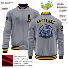 Load image into Gallery viewer, Custom Gray Navy-Gold Bomber Varsity Letterman Zipper Jacket
