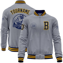 Load image into Gallery viewer, Custom Gray Navy-Gold Bomber Varsity Letterman Zipper Jacket
