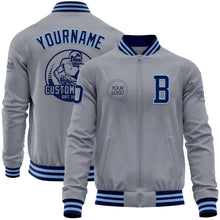 Load image into Gallery viewer, Custom Gray Navy-Light Blue Bomber Varsity Letterman Zipper Jacket
