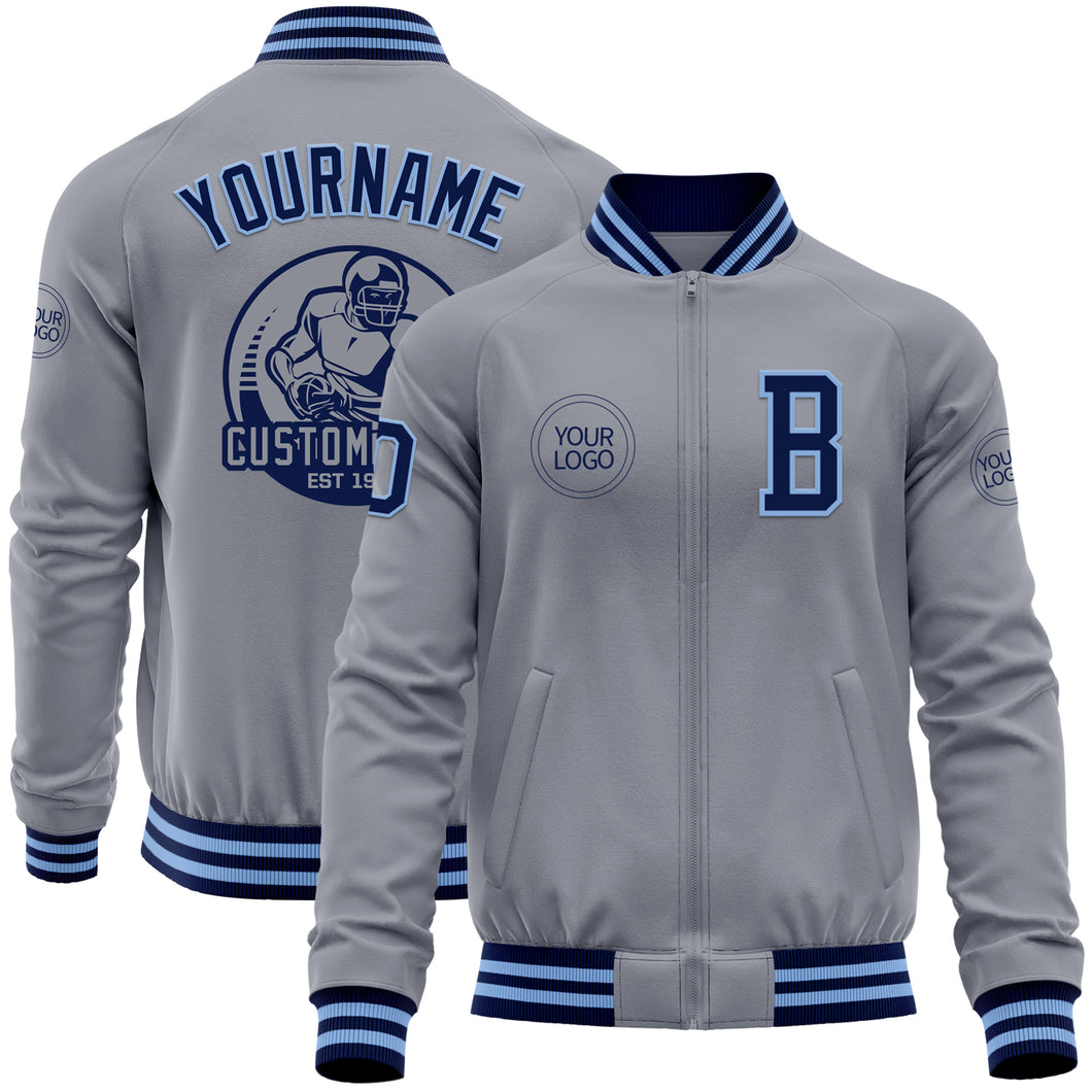 Custom Gray Navy-Light Blue Bomber Varsity Letterman Zipper Jacket